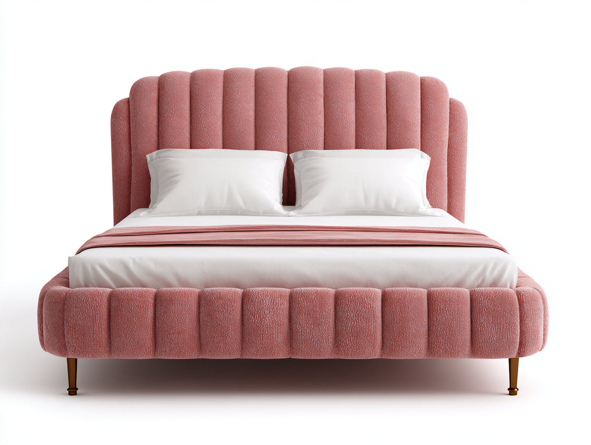 Lit double - Tissu-Bois-Métal - 218x184x126 cm - Rose corail-Or - Art déco contemporain