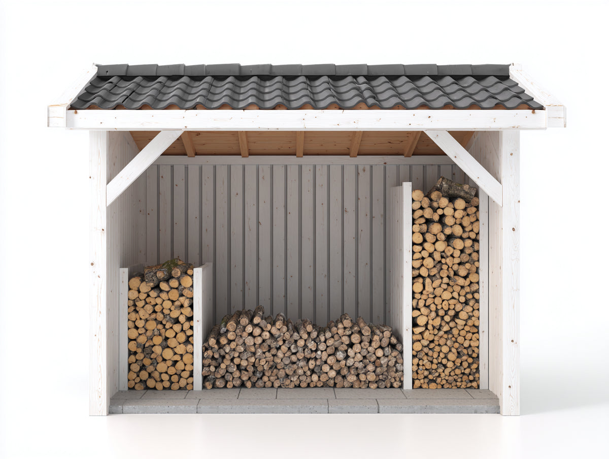 Abri à bûches-Bois-225x95x190 cm-Blanc-Gris-Bois naturel-Style traditionnel
