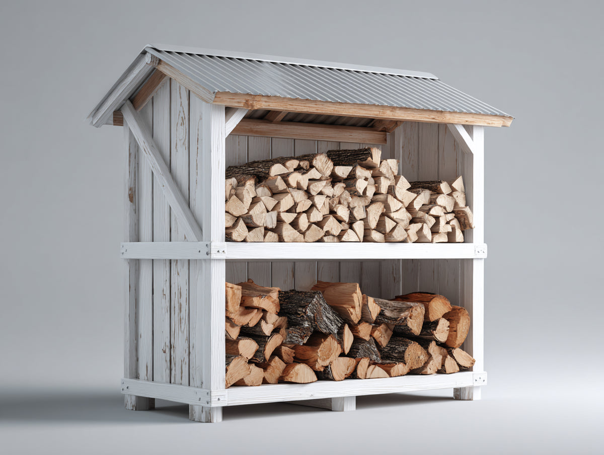Abri à bûches-Bois-165x75x180 cm-Blanc-Bois naturel-Style campagne