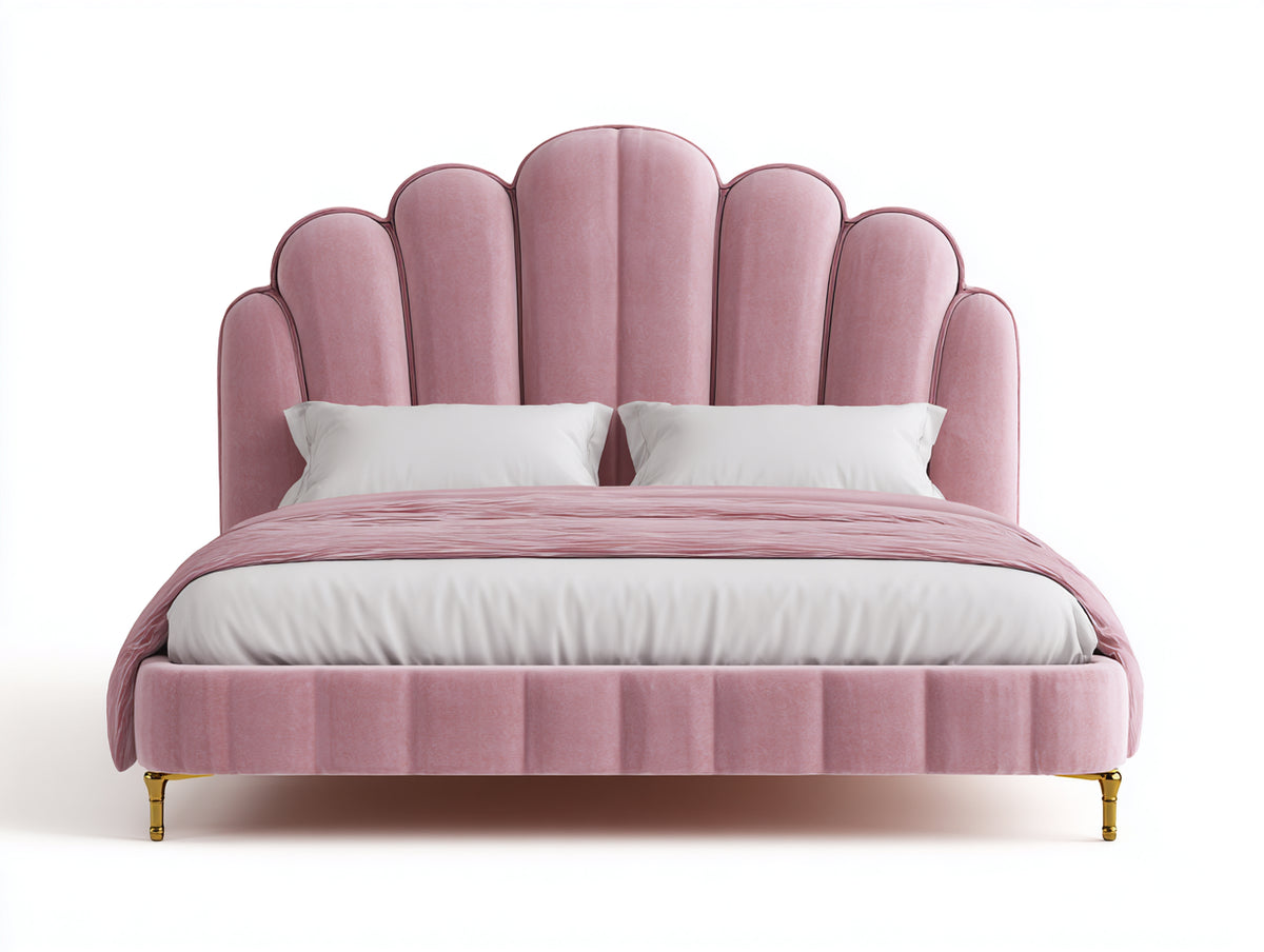 Lit double - Velours-Bois-Métal - 215x175x145 cm - Rose-Or - Art déco