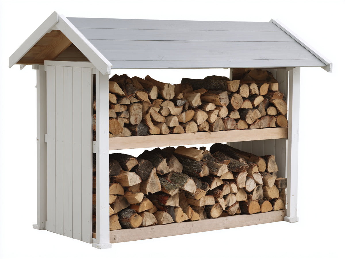 Abri à bûches-Bois-185x82x176 cm-Blanc-Gris-Bois naturel-Style chalet