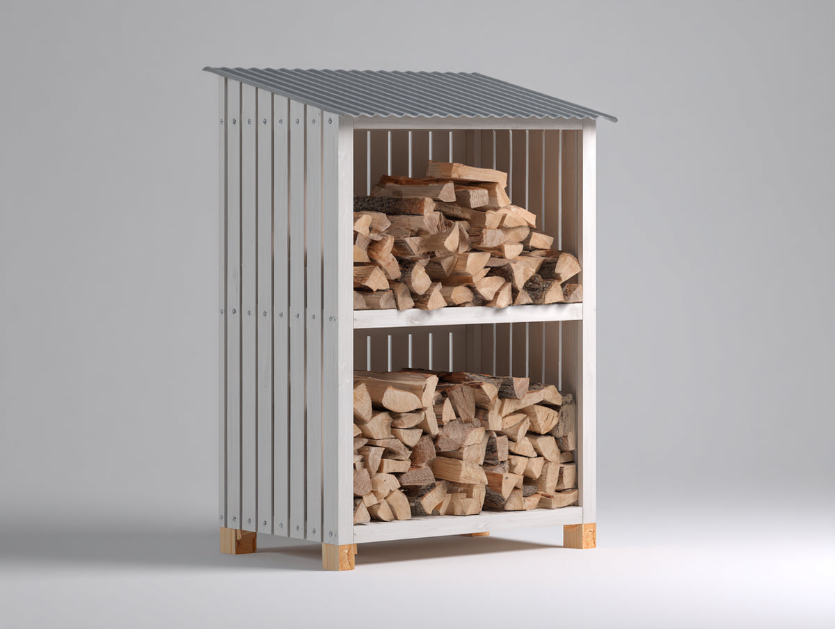 Abri à bûches-Bois-115x65x180 cm-Blanc-Gris-Style moderne