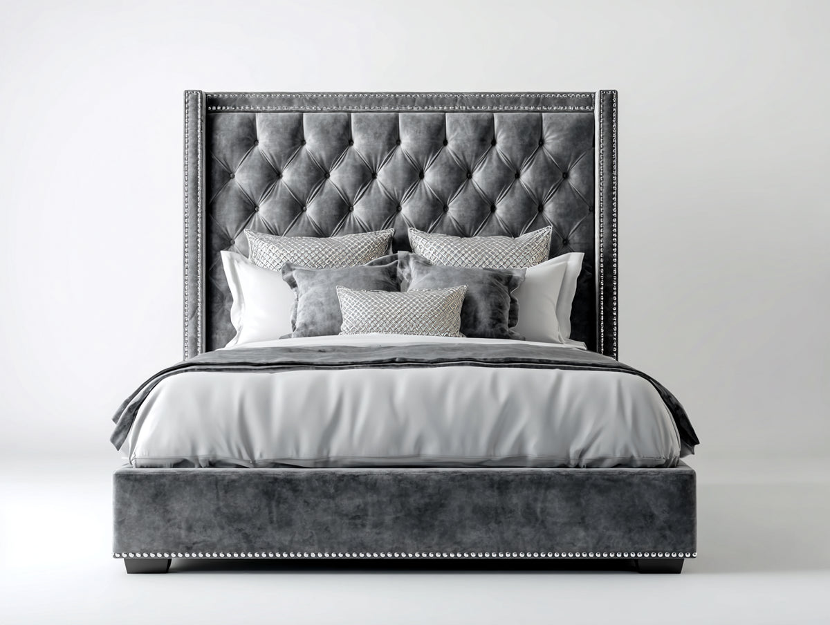 Lit double - Velours-Bois - 216x174x152 cm - Gris - Capitonné classique