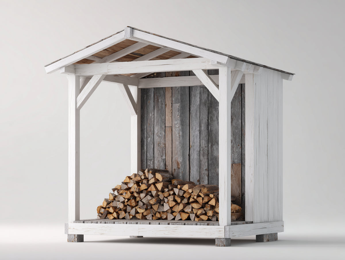 Abri à bûches-Bois-175x92x185 cm-Blanc-Gris-Marron-Style rustique