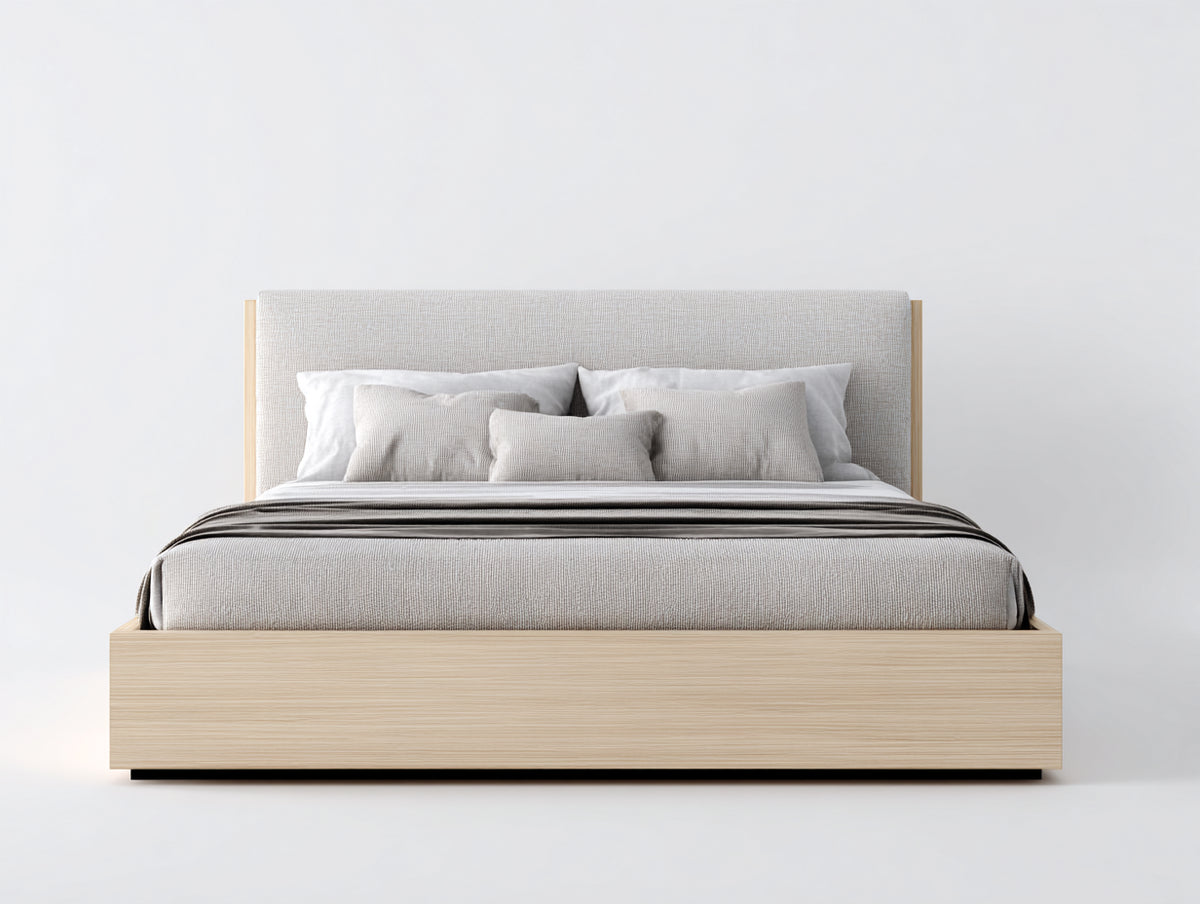 Lit double - Bois-Tissu - 215x180x105 cm - Bois clair-Beige - Moderne minimaliste