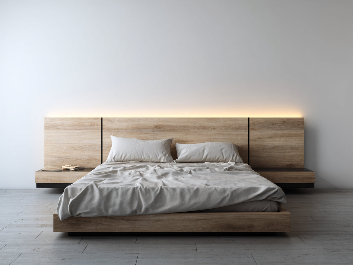 Lit double - Panneaux de bois - 220x220x90 cm - Chêne clair-Noir - Moderne minimaliste