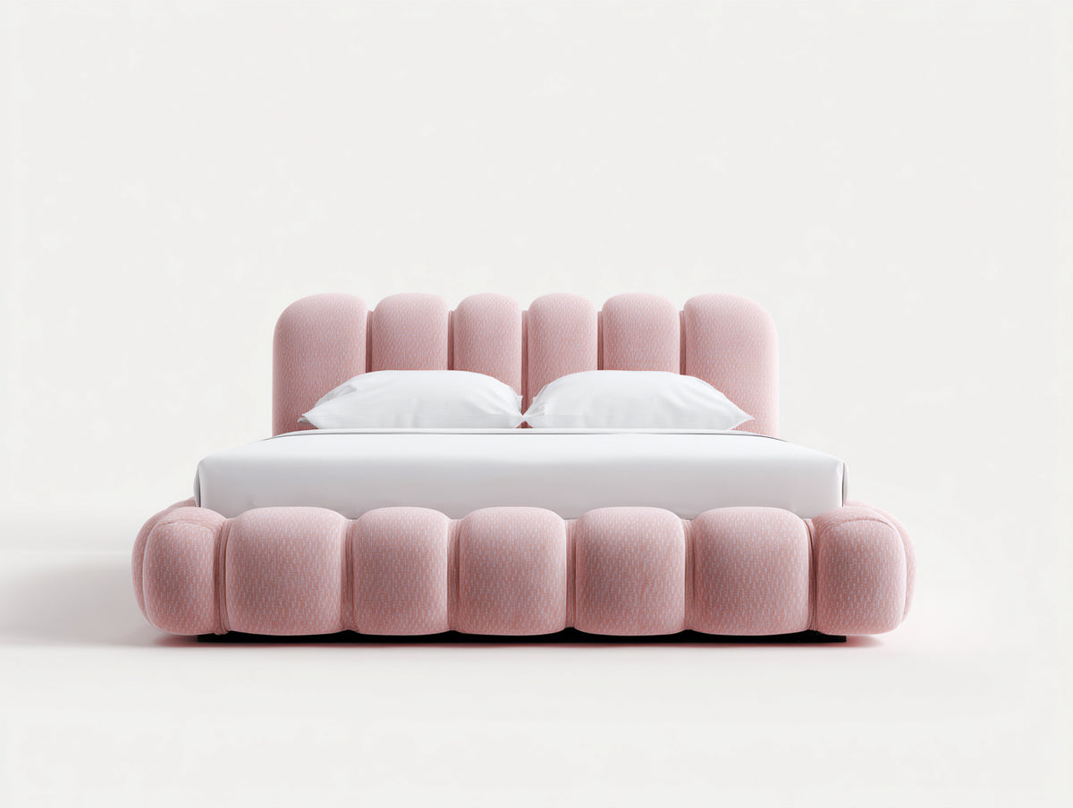 Lit double - Tissu-Bois - 225x205x110 cm - Rose poudré - Contemporain organique