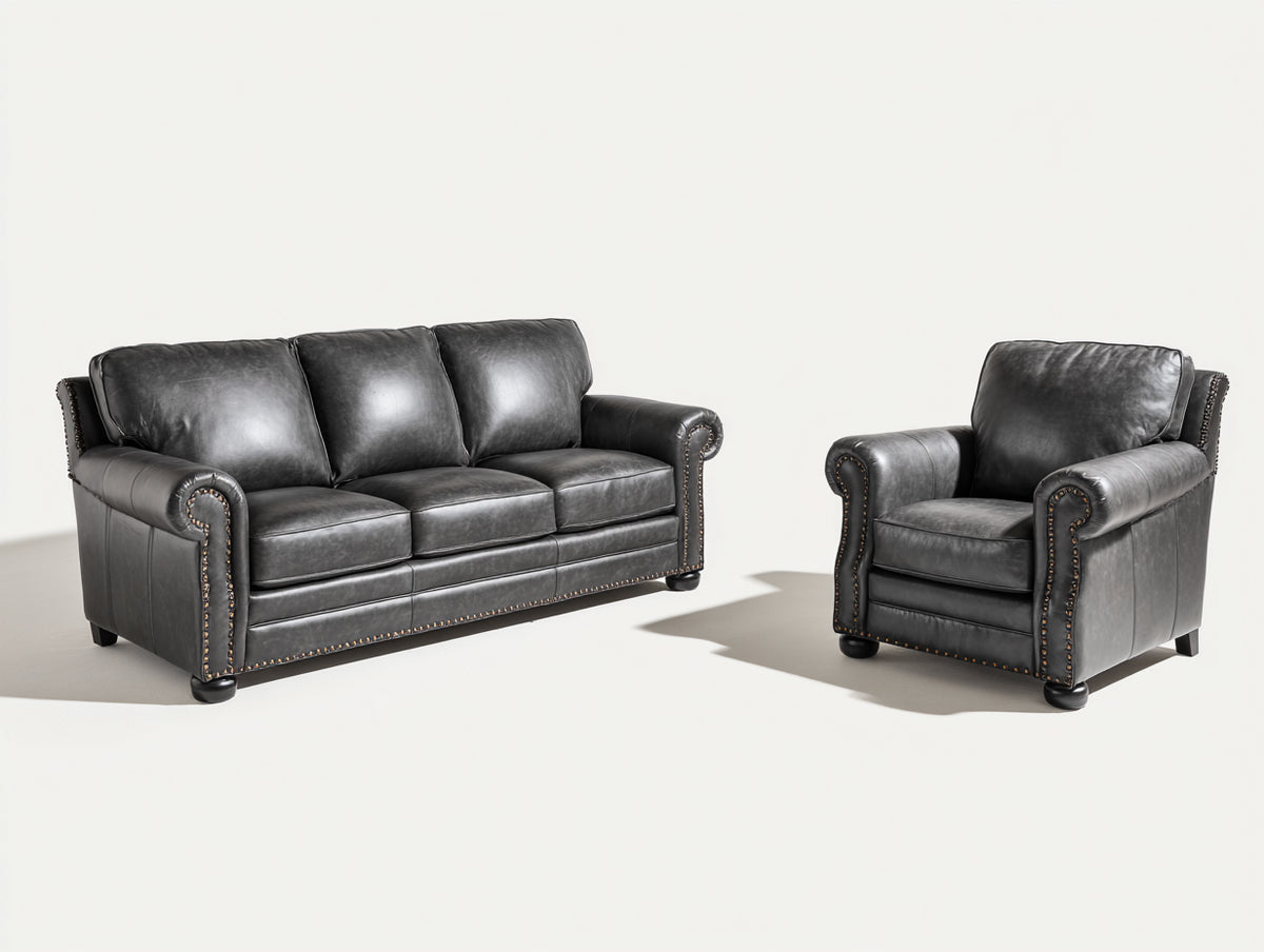 Ensemble de canapés - Cuir - 211 x 91 x 94 cm - Gris anthracite - Classique clouté